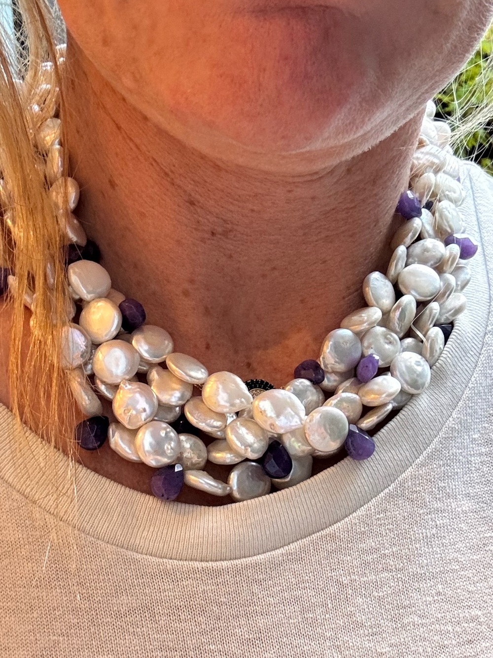 Keep design Multi-Strand White Coin Pearl and Purple gem Necklace